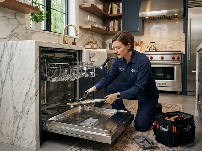 Appliance Repair Hero technician servicing a built-in dishwasher in a Amlin, OH kitchen
