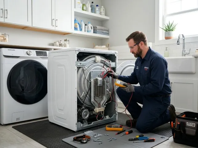 Appliance Repair Hero technician checking a dryer heating element with the rear panel off in Amlin, OH