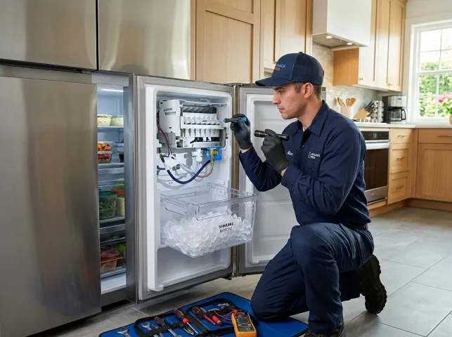 Appliance Repair Hero technician repairing a refrigerator ice maker in Amlin, OH