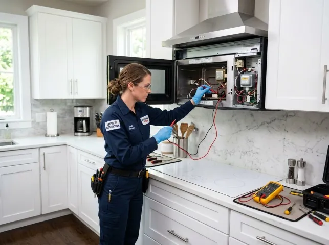 Appliance Repair Hero technician testing an over-the-range microwave in a Amlin, OH kitchen