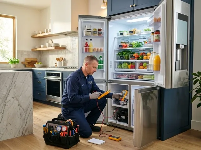 Appliance Repair Hero refrigerator technician testing a fridge on a Amlin, OH service call