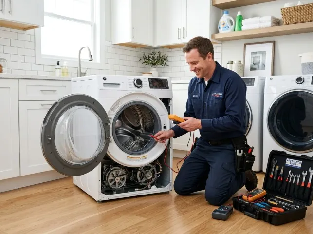 Appliance Repair Hero technician testing a front-load washer with a multimeter on a Amlin, OH service call